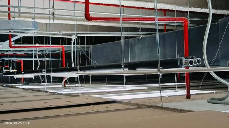 PU-jacketed Process Cooling Water (PCW) piping with structural supports in a mechanical system installation in Kuala Lumpur